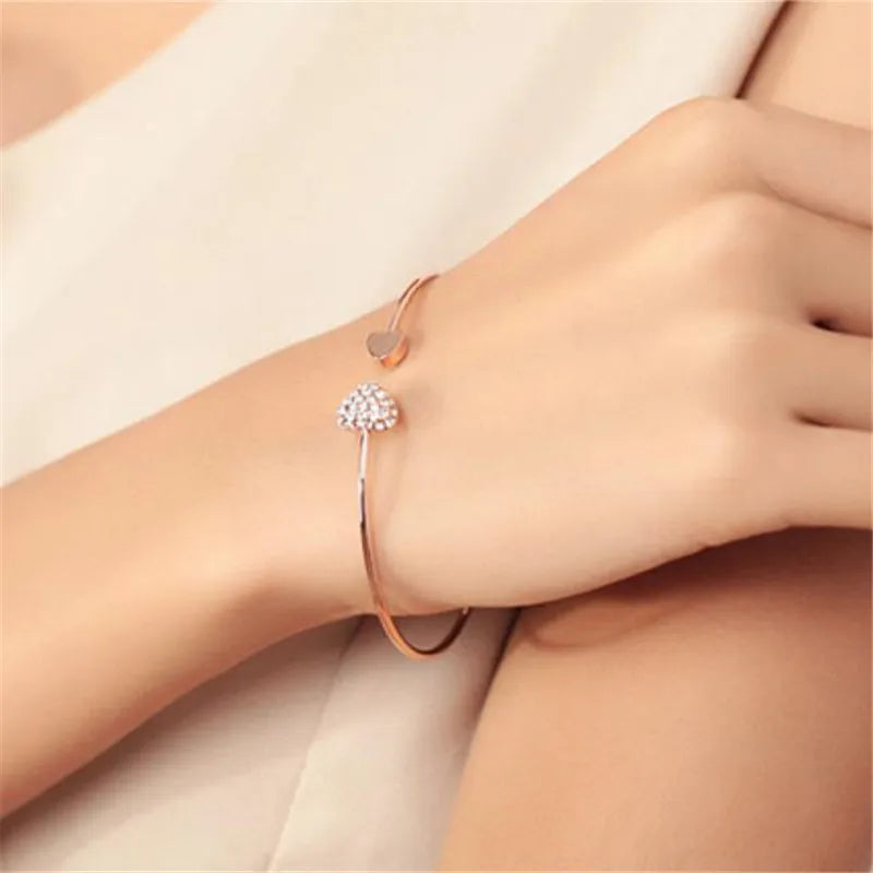 Adjustable Crystal Double Heart Bow Cuff Bracelet