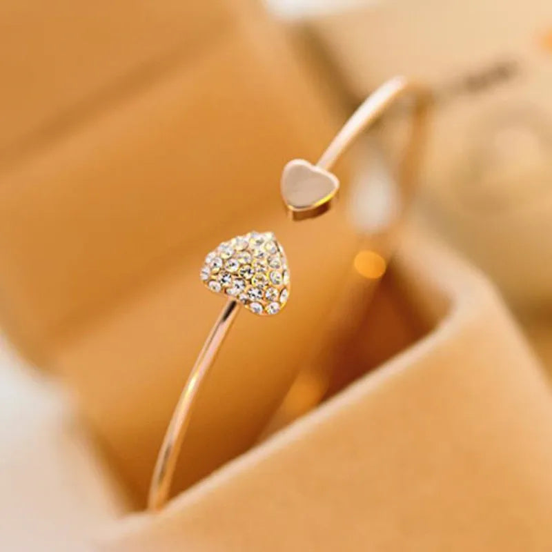 Adjustable Crystal Double Heart Bow Cuff Bracelet