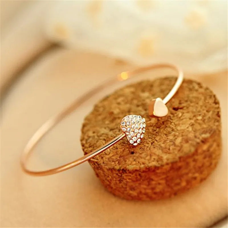 Adjustable Crystal Double Heart Bow Cuff Bracelet