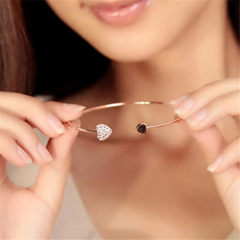Adjustable Crystal Double Heart Bow Cuff Bracelet