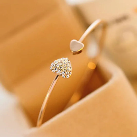 Adjustable Crystal Double Heart Bow Cuff Bracelet