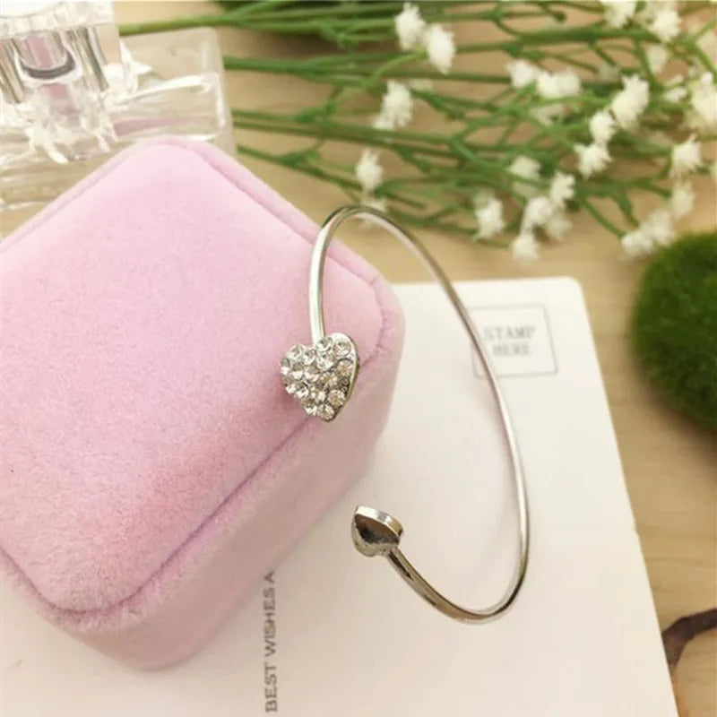Adjustable Crystal Double Heart Bow Cuff Bracelet