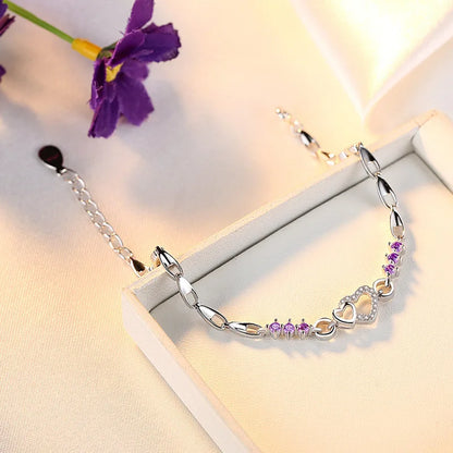 925 Sterling Silver Purple Heart Crystal Charm Bracelet