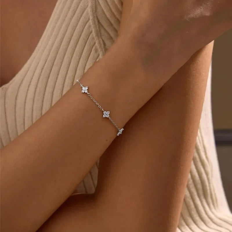 18K Gold Plated CZ Four-Leaf Flower Charm Bracelet