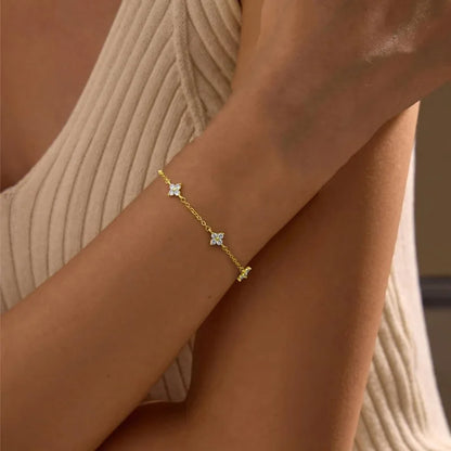 18K Gold Plated CZ Four-Leaf Flower Charm Bracelet