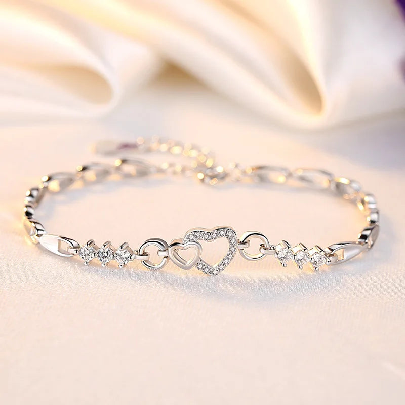 925 Sterling Silver Purple Heart Crystal Charm Bracelet