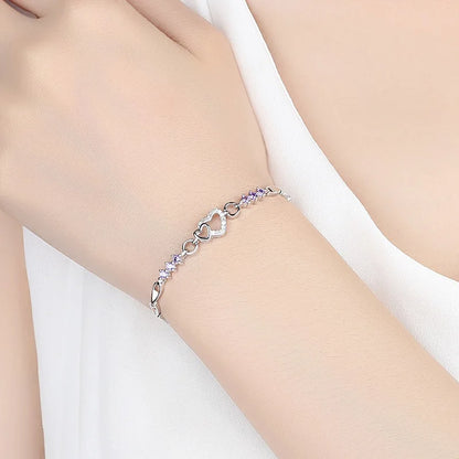 925 Sterling Silver Purple Heart Crystal Charm Bracelet