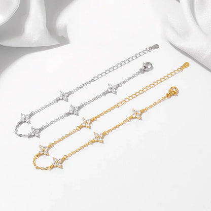 18K Gold Plated CZ Four-Leaf Flower Charm Bracelet