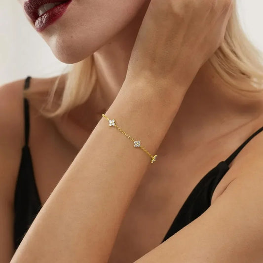 18K Gold Plated CZ Four-Leaf Flower Charm Bracelet