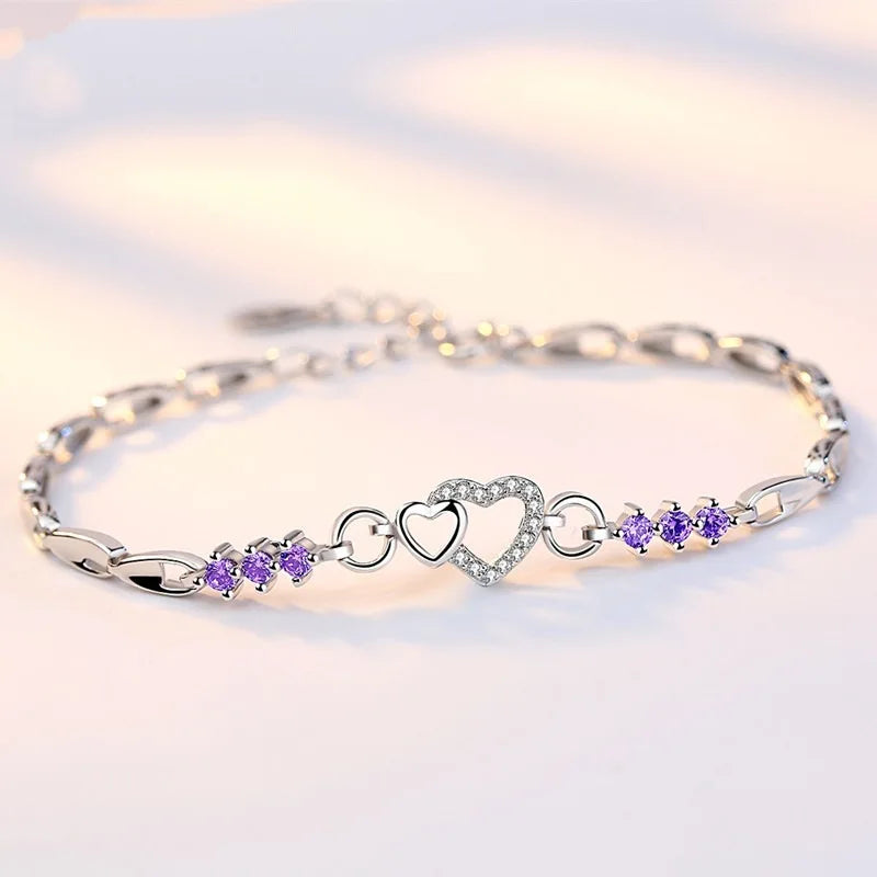925 Sterling Silver Purple Heart Crystal Charm Bracelet