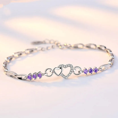 925 Sterling Silver Purple Heart Crystal Charm Bracelet