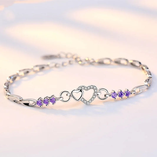 925 Sterling Silver Purple Heart Crystal Charm Bracelet