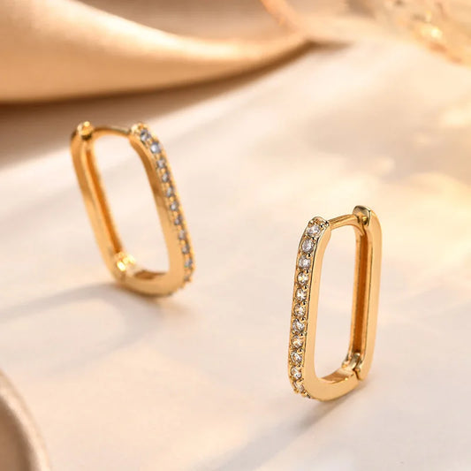Gold Plated CZ Rectangle Huggie Hoop Earrings